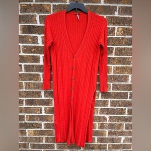 Free People Orange Ribbed Knit Long Sleeve Long Button Side Slits Cardigan Sz L